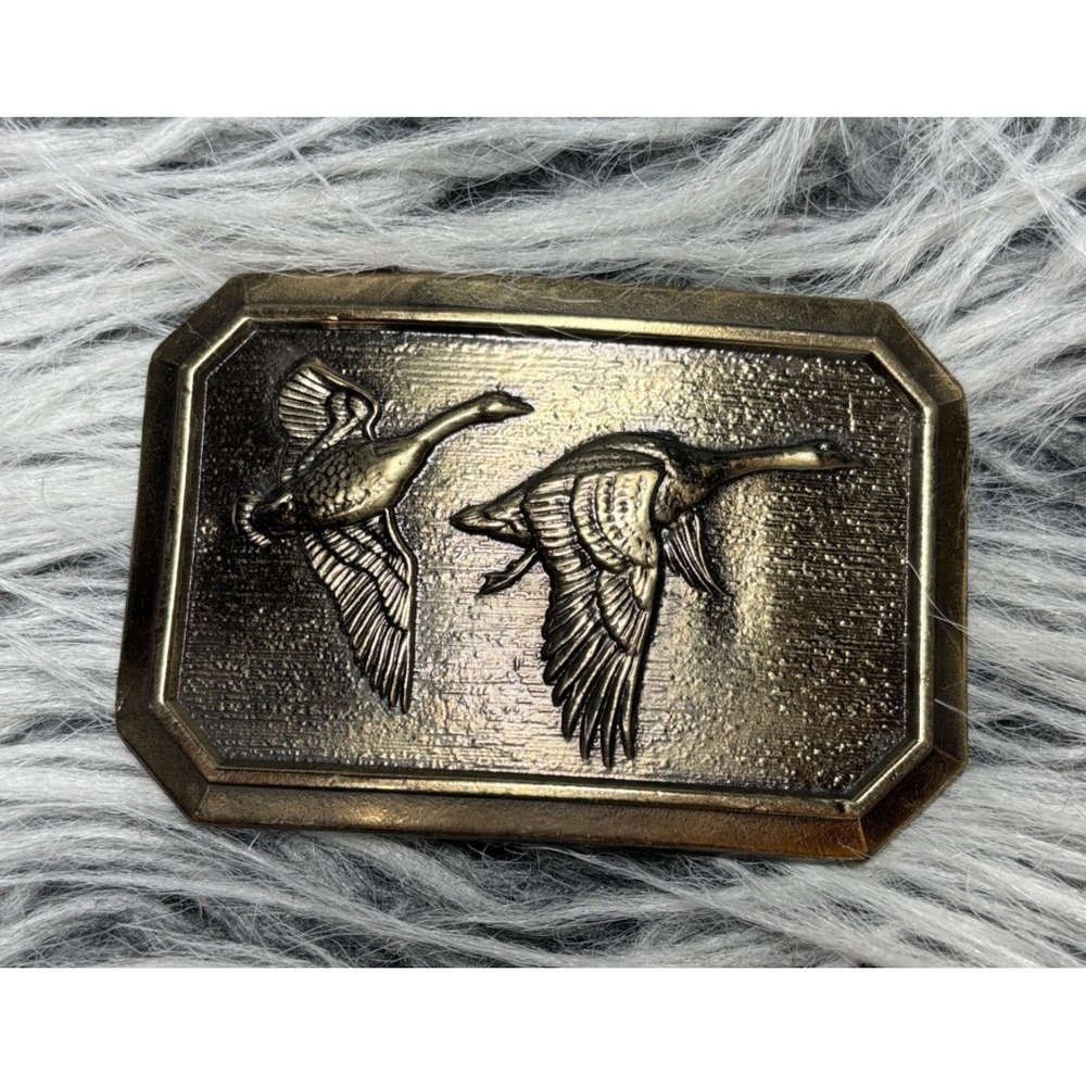 Vintage 1976 Flying Geese Duck Belt Buckle by Great American Buckle Co Gold-Tone
